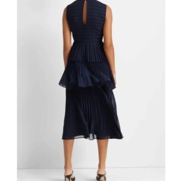 Club Monaco Pleated Tiered Blue Tartan Plaid Maxi Midi Dress Women's Size 4 - Picture 2 of 13